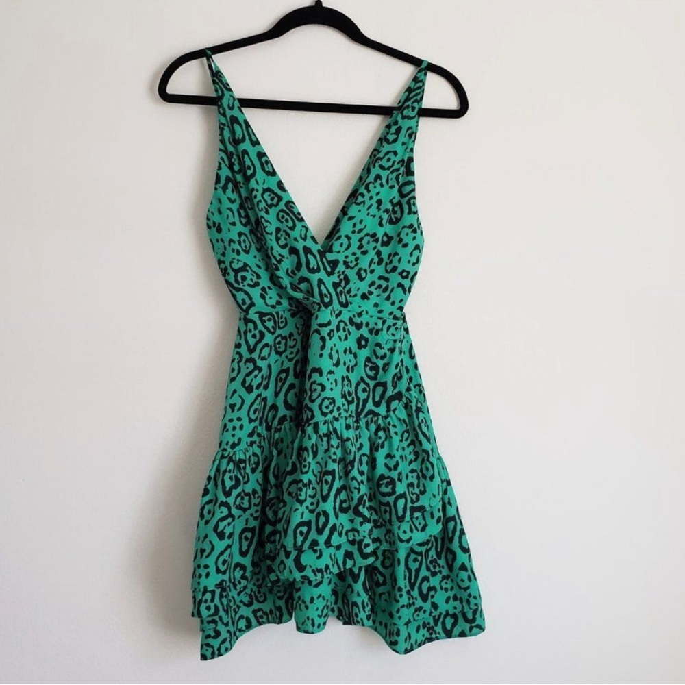 WAYF Tombly Ruffled Green Leopard Print Mini Dress NWT